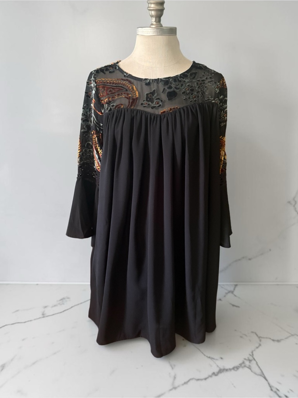 Umgee Black Tunic with Velvet Paisley Yoke and Sequin Detail